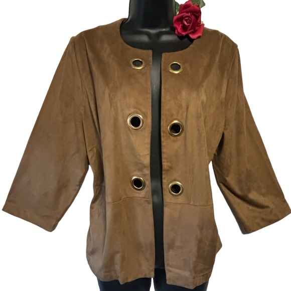 Chico’s Open front Jacket gold metal embellished (Med) 2 suede feel LIKE NEW - Picture 1 of 12